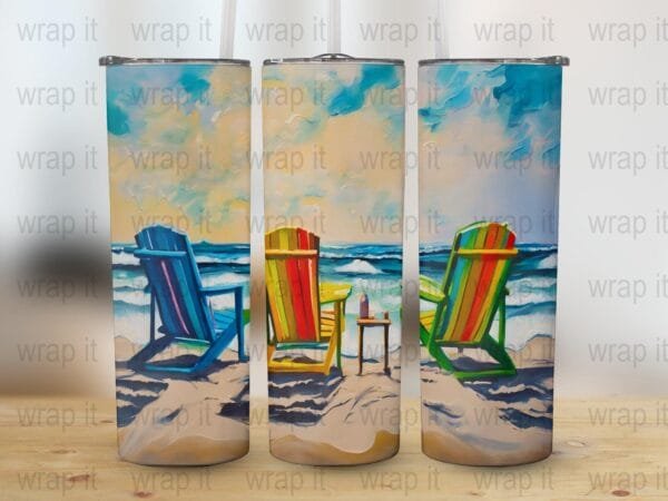 Sunset Beach Chairs Cocktail Tumbler Wrap PNG Sublimation, Instant Download, 20 oz 30 oz Skinny Tumbler, Ocean Waves Fish Coastal png Wrap