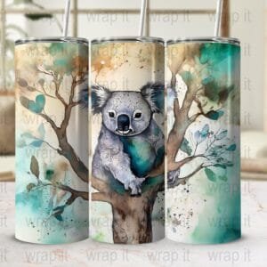 Koala in Tree Tumbler Wrap PNG, Sublimation Design, Instant Download, 20 oz 30 oz Skinny Tumbler Wrap, Watercolor Koala Bear Tumbler PNG