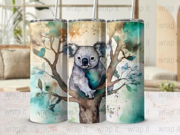 Koala in Tree Tumbler Wrap PNG, Sublimation Design, Instant Download, 20 oz 30 oz Skinny Tumbler Wrap, Watercolor Koala Bear Tumbler PNG