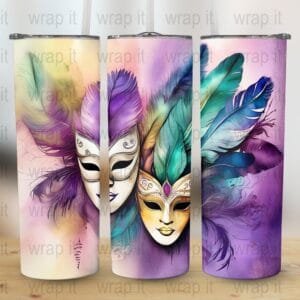 Mardi Gras Watercolor Masks Tumbler Wrap PNG Sublimation, 20 oz Skinny Wrap, Instant Download, Fat Tuesday Tumbler Wrap, Mardi Gras Feathers