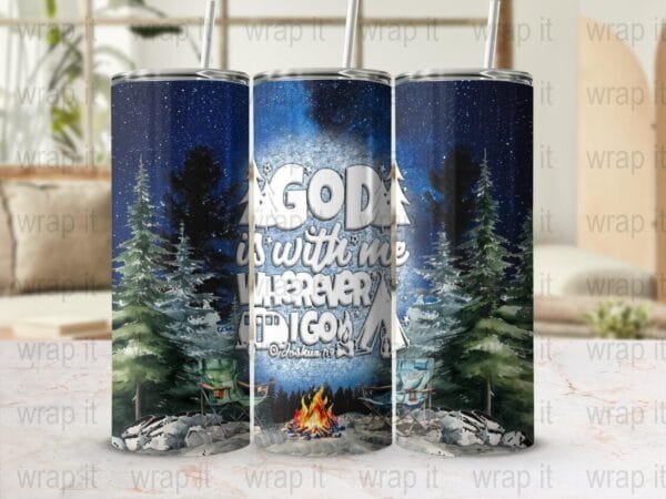 God is With Me Camping Tumbler Wrap PNG Sublimation, 20 oz 30 oz Skinny Tumbler, Instant Download, Camp Life Wrap, Camping png