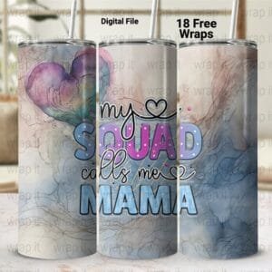 Mother's Day Mom Squad Tumbler Wrap PNG, Mothers Day Sublimation, 20 oz 30 oz Skinny Wrap, Mom Gift, Abstract Watercolor Mama Squad Wrap