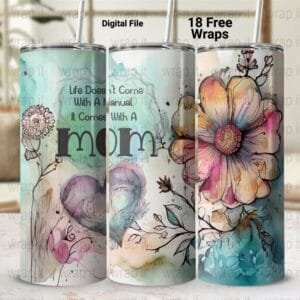 Mom Mother's Day Love Tumbler Wrap PNG, Mothers Day Sublimation, 20 oz 3 oz Skinny Wrap, Mom Gift, Watercolor Flowers PNG, Instant Download