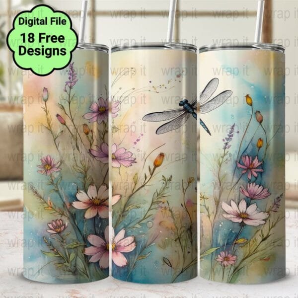 Wildflowers and Dragonfly Watercolor Tumbler Wrap Sublimation PNG, 20 oz 30 oz Skinny Tumbler, Instant Download, Dragonflies Flowers Wrap