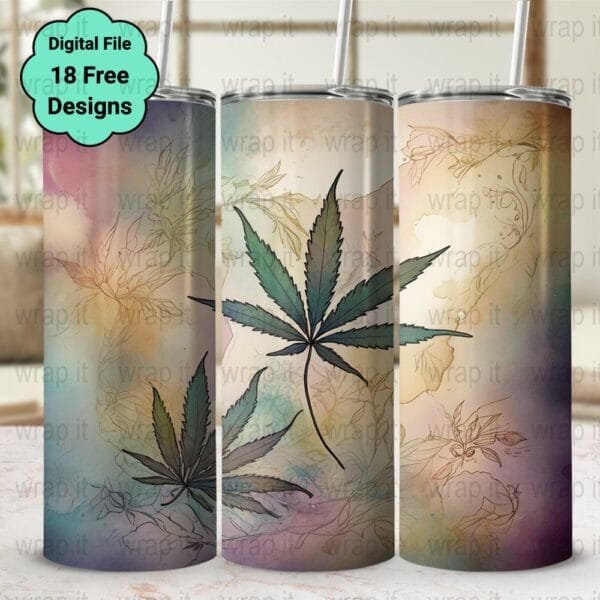 Watercolor Cannabis Weed Pot Tumbler Wrap PNG. Weed Sublimation, 20 oz 30 oz Skinny Tumbler, Instant Download, Get High Wrap, Weed PNG