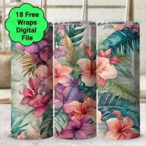 Hibiscus Hawaiian Tropical Flowers Tumbler Wrap PNG, Sublimation Tumbler, 20 oz Skinny Tumbler, Instant Download, Hibiscus Wrap PNG