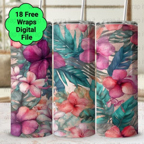 Plumeria Hawaiian Tropical Flowers Tumbler Wrap PNG, Sublimation Tumbler, 20 oz Skinny Tumbler, Instant Download, Frangipani Flowers Wrap