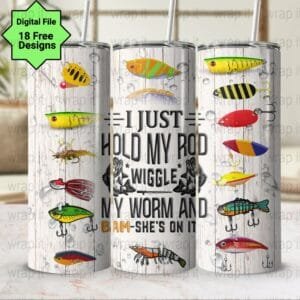 Funny Fishing Hold Rod Wiggle Worm Tumbler Wrap PNG Sublimation, 20 30 oz Skinny Tumbler, Instant Download, Fishing Tumbler Dad Wrap, Lures