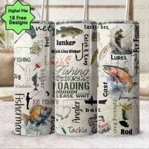 Fish Story Loading Funny Fishing Tumbler Wrap PNG Sublimation, 20 oz 30 oz Skinny Tumbler, Instant Download, Fish Story Tumbler Dad PNG