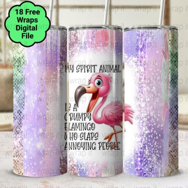 Funny Flamingo Spirit Animal Tumbler Wrap PNG, Sublimation Tumbler, 20 oz Skinny Tumbler, Instant Download, Grumpy Flamingo Wrap, Pink Bird