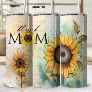 Blessed Mom Sunflowers Mother's Day Tumbler Wrap PNG, Mothers Day Sublimation, 20 oz 3 oz Skinny Wrap, Mom Gift, Sunflowers Mama Wrap