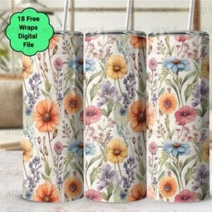 Wildflowers Pattern Tumbler Wrap PNG, Sublimation Tumbler, 20 oz Skinny Tumbler, Instant Download, Watercolor Flowers Wrap, Botany png