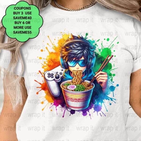 Gamer Eating Ramen Gaming t shirt sublimation POD Design, Instant Download, Sublimation png, Gamer Anime PNG, Gaming Noodles png POD Use