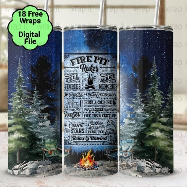 Fire Pit Rules Camping Outdoors Tumbler Wrap PNG, Sublimation Tumbler, 20 oz Skinny Tumbler, Instant Download, Camp Tumbler Wrap Camping PNG