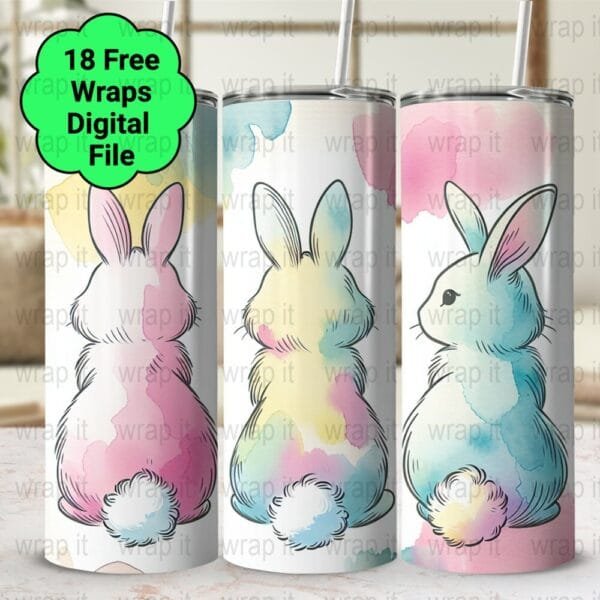 Watercolor Easter Bunnies Tumbler Wrap PNG, Sublimation Tumbler, 20 oz Skinny Tumbler, Instant Download, 3 Rabbits wrap, Pastel Bunny's png