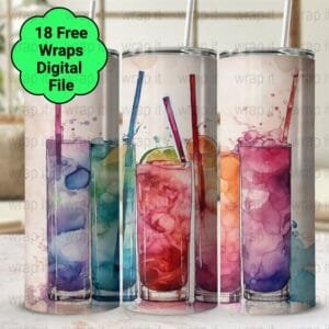 Watercolor Cocktails Tumbler Wrap PNG, Sublimation Tumbler, 20 oz Skinny Tumbler, Instant Download, Drinks Alcohol Ink png, Drinking wrap