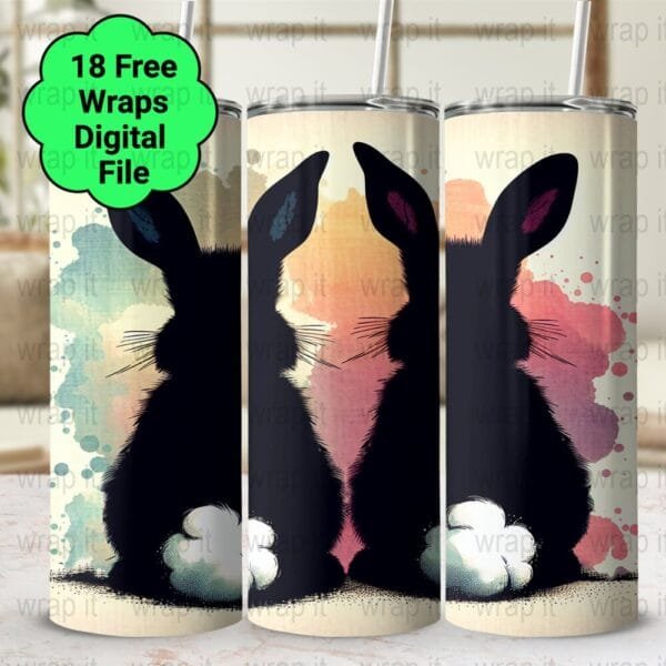 Black Bunnies Cotton Tails Watercolor Tumbler Wrap PNG, Sublimation Tumbler, 20 oz Skinny Tumbler, Instant Download, 2 Bunny's Easter wrap