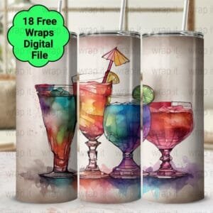 Drinks Cocktails Watercolor Tumbler Wrap PNG, Sublimation Tumbler, 20 oz Skinny Tumbler, Instant Download, Fruity Drinks Umbrella PNG