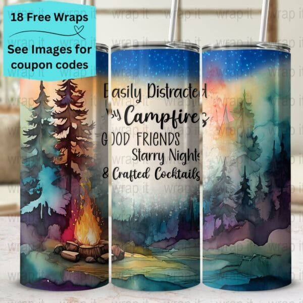 Distracted by Campfires Camping Cocktails Tumbler Wrap PNG, Sublimation Tumbler, 20 oz Skinny Tumbler, Instant Download, Waterslide Download