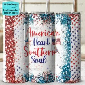 4th of July American Southern Red White Blue Tumbler Wrap PNG, Sublimation Tumbler, 20 oz Skinny Tumbler, Instant Download, Independence Day