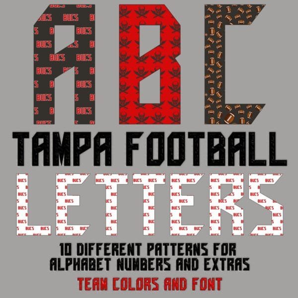 Football Tampa Alphabet Font Sublimation Letters, Team Logo Font and Colors Red Pewter, Alphabet Letters Bundle PNG, American Football PNG
