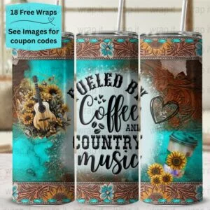 Country Music Coffee Sunflowers Tumbler Wrap PNG Sublimation Tumbler, 20 oz Skinny Tumbler, Instant Download, Fueled By Coffee Country Music