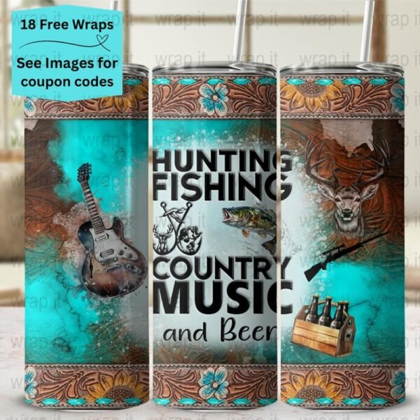 Country Music Beer Tumbler Wrap PNG, Sublimation Tumbler, 20 oz Skinny Tumbler, Instant Download, Funny Country Boy PNG, Hunting Fishing png