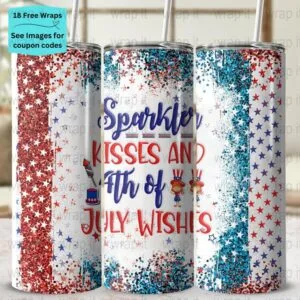 4th of July Sparkler Kisses Independence Day Tumbler Wrap PNG, Sublimation Tumbler, 20 oz Skinny Tumbler, Instant Download, USA America wrap