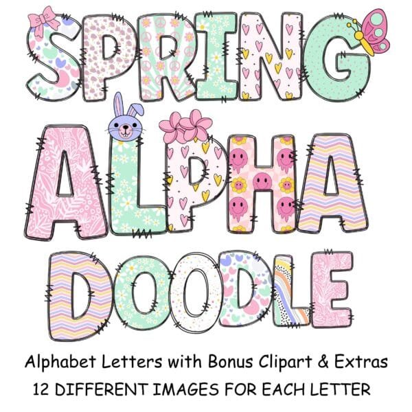 Alphabet Doodle Letters Spring Floral Retro PNG Bundle, Spring Flower Alphabet, Hand Drawn Doodle, Alphabet Font Sublimation Design