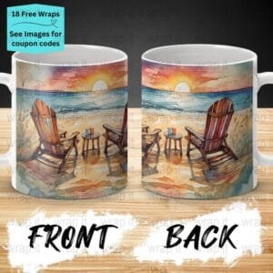 Sunset Beach Chairs Watercolor Mug Sublimation PNG Wrap, 11 oz 15oz Coffee Mug png, Enamel Camp Cup Wrap PNG, Instant Download, Beach png