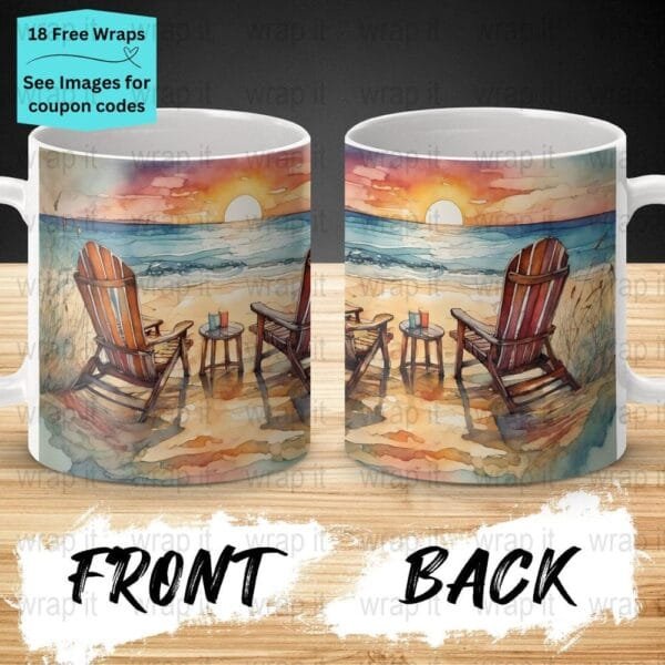 Sunset Beach Chairs Watercolor Mug Sublimation PNG Wrap, 11 oz 15oz Coffee Mug png, Enamel Camp Cup Wrap PNG, Instant Download, Beach png