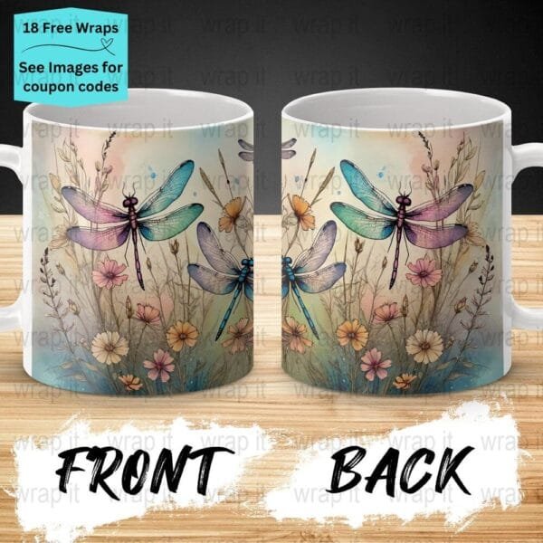 Dragonflies and Wildflowers Watercolor Mug Sublimation PNG Wrap, 11 oz 15oz Coffee Mug png, Enamel Camp Cup Wrap PNG, Instant Download,