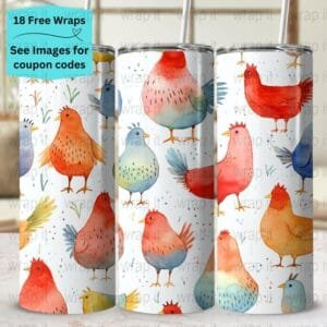 Watercolor Chickens Cottagecore Tumbler Wrap PNG, Sublimation Tumbler, 20 oz Skinny Tumbler, Instant Download, Cottage Farm Tumbler 20 ozs