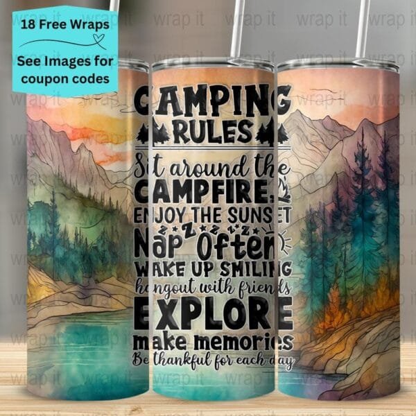 Camp Rules Funny Camping Seamless Tumbler Wrap PNG, Sublimation Tumbler, 20 oz Skinny Tumbler, Instant Download, Mountains Watercolor png