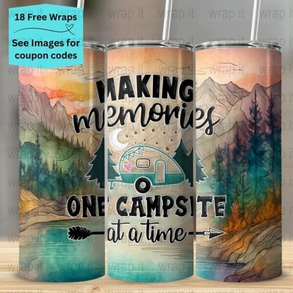 Making Memories Camping Seamless Tumbler Wrap PNG, Sublimation Tumbler, 20 oz Skinny Tumbler, Instant Download, Funny Camp Wrap Tumbler