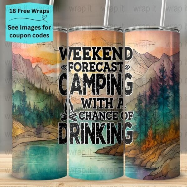 Funny Camping Drinking Mountains Tumbler Wrap PNG, Sublimation Tumbler, 20 oz Skinny Tumbler, Instant Download, Seamless Wrap Camp Coctails