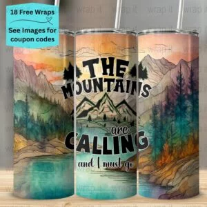 Mountains Camping Watercolor Seamless Tumbler Wrap PNG, Sublimation Tumbler, 20 oz Skinny Tumbler, Instant Download, Mountains are Calling