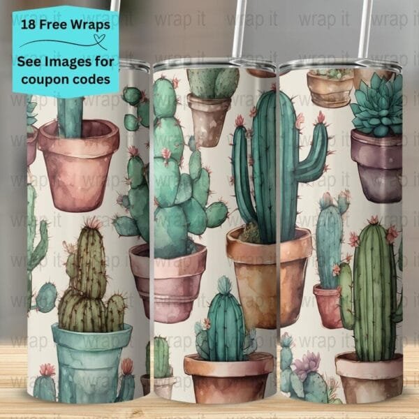 Cactus Cacti Watercolors Seamless Tumbler Wrap PNG, Sublimation Tumbler, 20 oz Skinny Tumbler, Instant Download, Seamless Wrap, Desert png