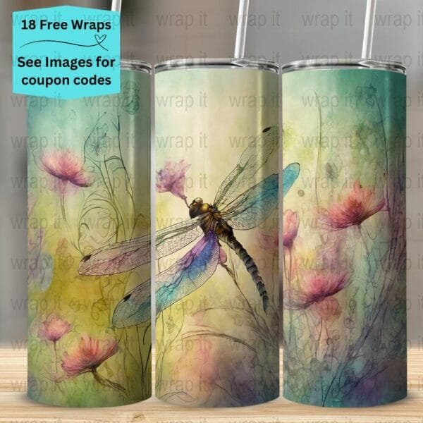 Dragonfly Wildflowers Watercolor Seamless Tumbler Wrap PNG, Sublimation Tumbler, 20 oz Skinny Tumbler, Instant Download, Dragonflies png