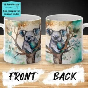 Koala Bear Watercolor Mug Sublimation PNG Wrap, 11 oz 15oz Coffee Mug png, Enamel Camp Cup Wrap PNG, Instant Download, Bear Coffee mug wrap