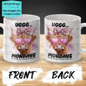 Funny Cow Highland Heifer Hate Mondays Mug Sublimation Wrap PNG, 11 oz 15oz Coffee Mug, Enamel Camp Cup Wrap, Mug PNG, Instant Download