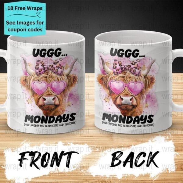 Funny Cow Highland Heifer Hate Mondays Mug Sublimation Wrap PNG, 11 oz 15oz Coffee Mug, Enamel Camp Cup Wrap, Mug PNG, Instant Download