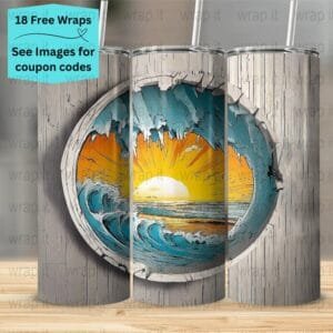 Beach Ocean Waves Sunset Cracked Wall Tumbler Wrap PNG, Sublimation Tumbler, 20 oz Skinny Tumbler, Instant Download, Seamless Tumbler 20 ozs