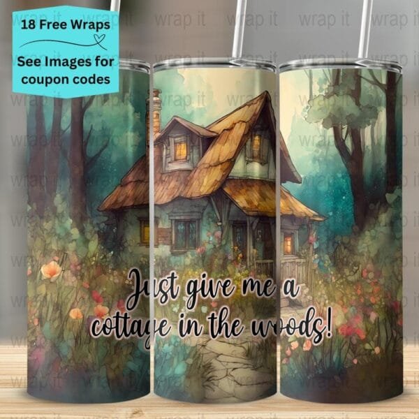 Cottage In Woods Cottagecore Flowers Tumbler Wrap PNG, Sublimation Tumbler, 20 oz Skinny Tumbler, Instant Download, Seamless Wrap png