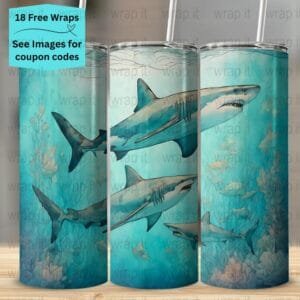 Sharks Ocean Beach Summer Tumbler Wrap PNG, Sublimation Tumbler, 20 oz Skinny Tumbler, Instant Download, Seamless Shark Wrap. Tumbler 20 ozs