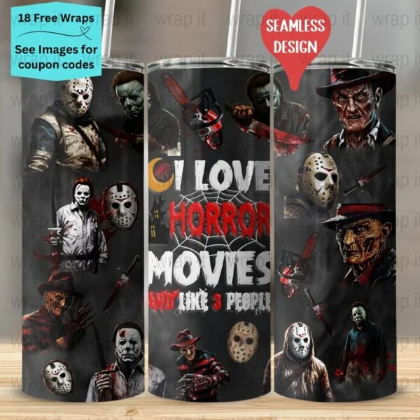 Love Horror Movies Halloween Seamless Tumbler Wrap PNG, Sublimation Tumbler, 20 oz Skinny Tumbler, Instant Download, Jason Myers Freddy png