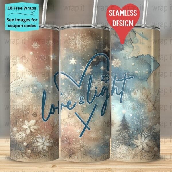 Hanukkah Love and Light Holiday Seamless Tumbler Wrap PNG, Sublimation Tumbler, 20 oz Skinny Tumbler, Instant Download, Hanukka png wrap