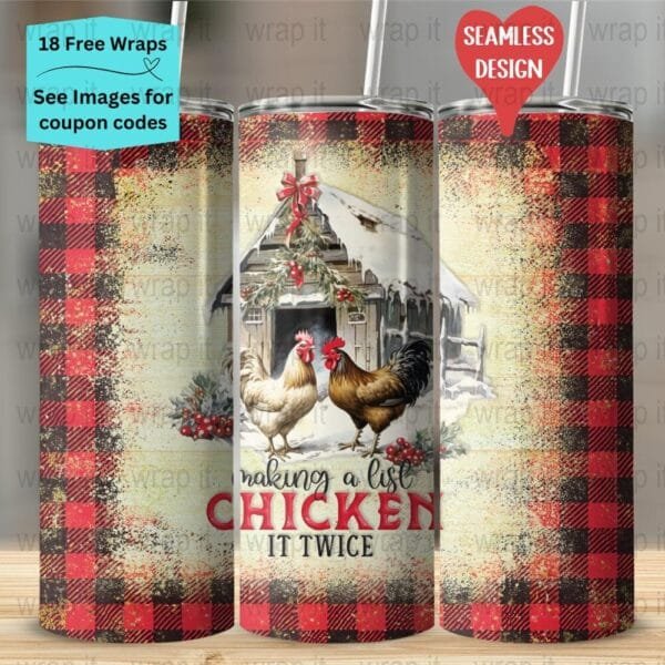 Funny Christmas Chicken Plaid Seamless Tumbler Wrap PNG, Sublimation Tumbler, 20 oz Skinny Tumbler, Instant Download, Cottagecore png Farm