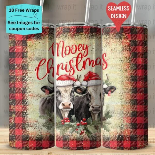 Christmas Cows Heifers Mooey Buffalo Plaid Seamless Tumbler Wrap PNG, Sublimation Tumbler, 20 oz Skinny Tumbler, Cottagecore png download