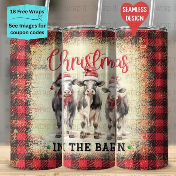 Christmas Barn Cows Heifer Red Plaid Seamless Tumbler Wrap PNG, Sublimation Tumbler, 20 oz Skinny Tumbler, Instant Download, Cottagecore png